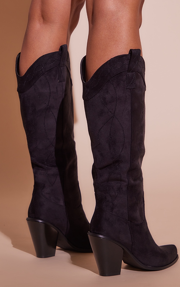 Black Faux Suede Stitch Detail Pull On Western Knee Heeled Boots image 3