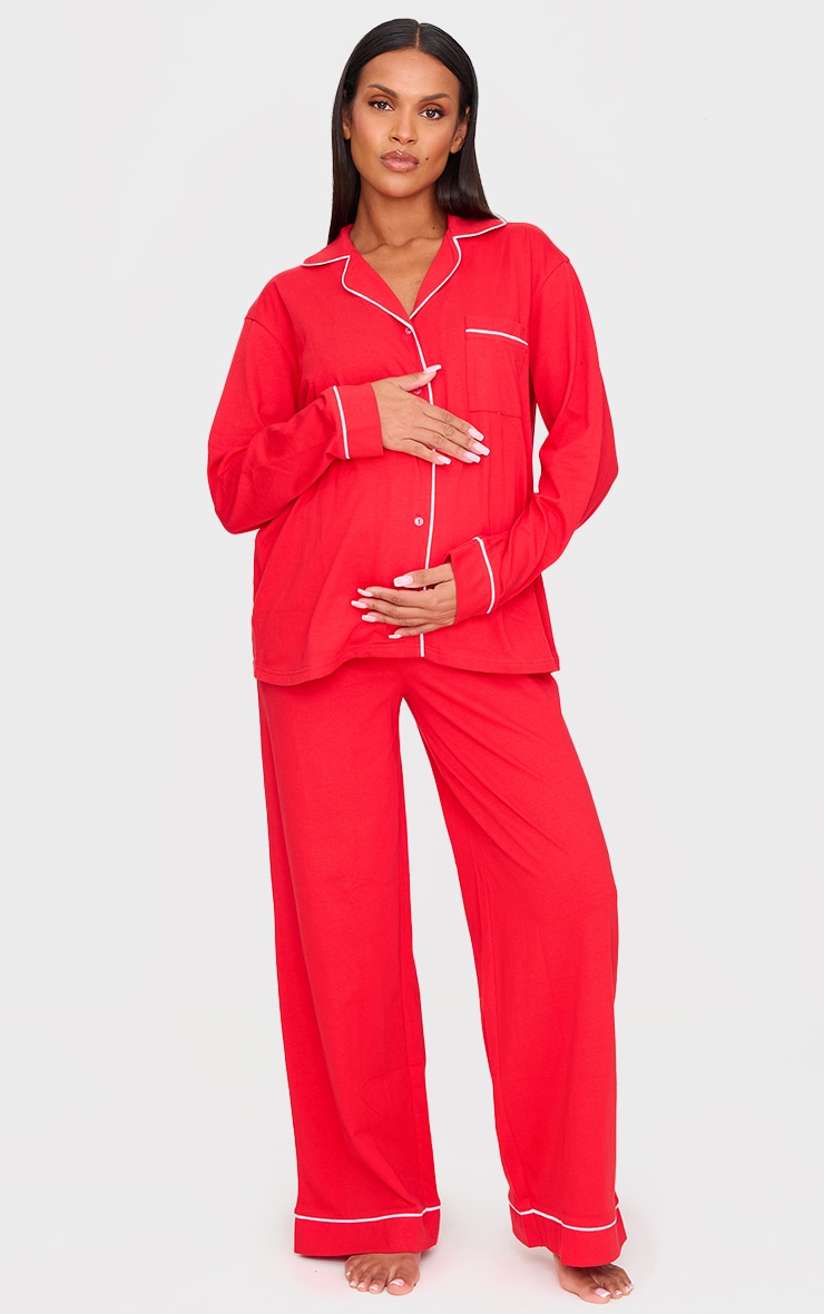 Maternité Ensemble de pyjama de grossesse long en jersey rouge à lisérés contrastants image 3