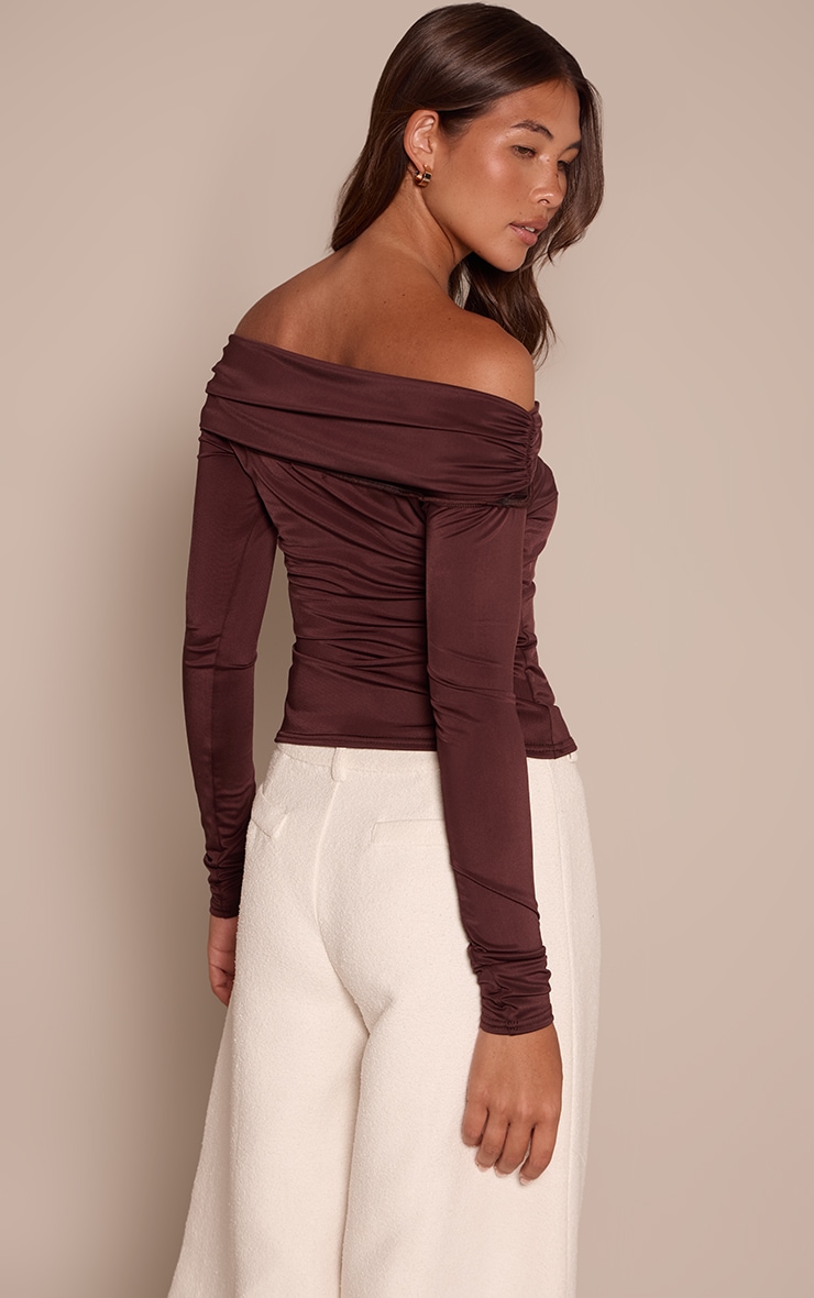 Top bardot en Sculpt mat chocolat à manches longues et empiècement image 2