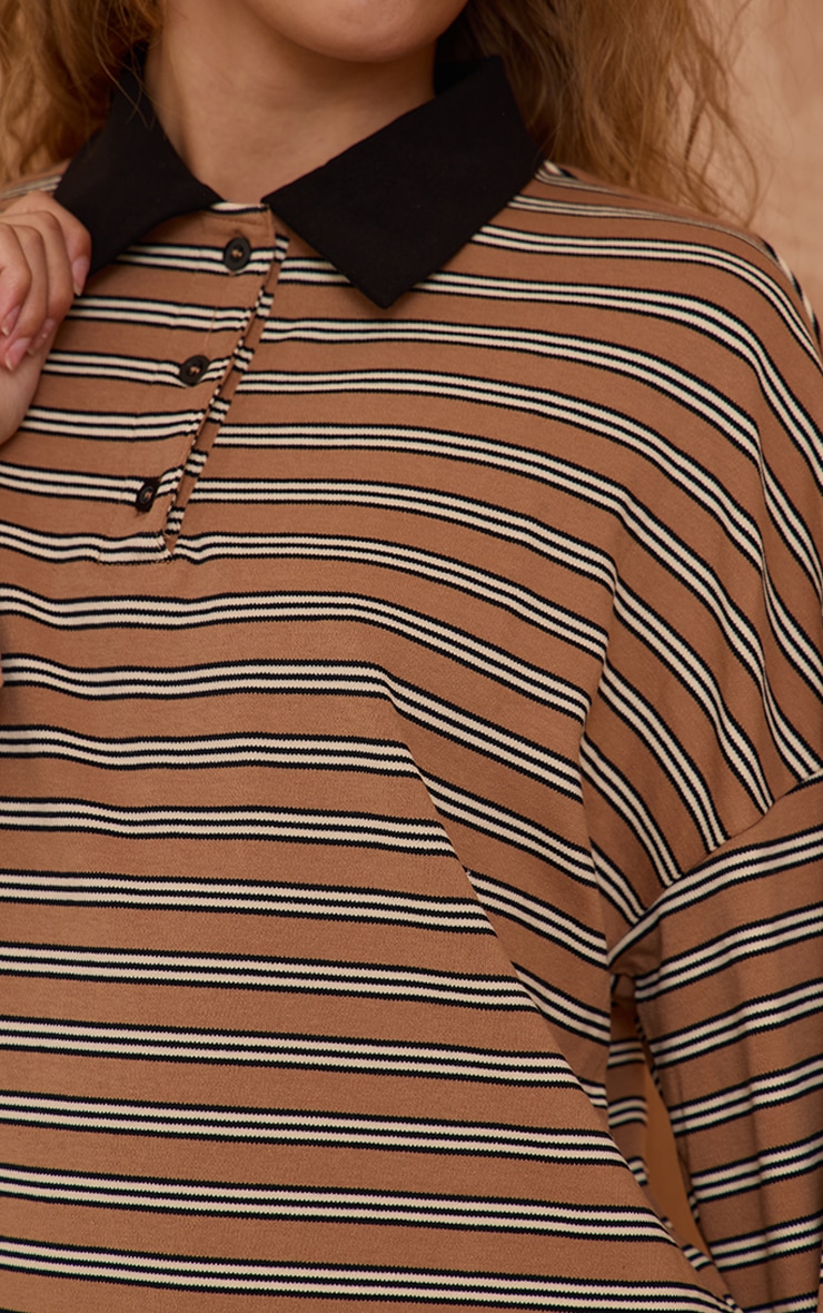 Tan Stripey Collar Detail Long Sleeve Rugby Top  image 4