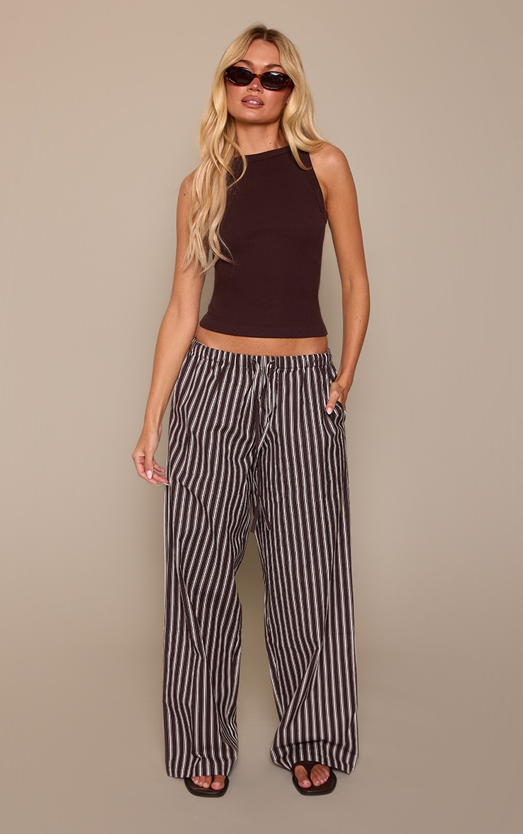 Brown Striped Cotton Linen Blend Drawstring Waist Trousers