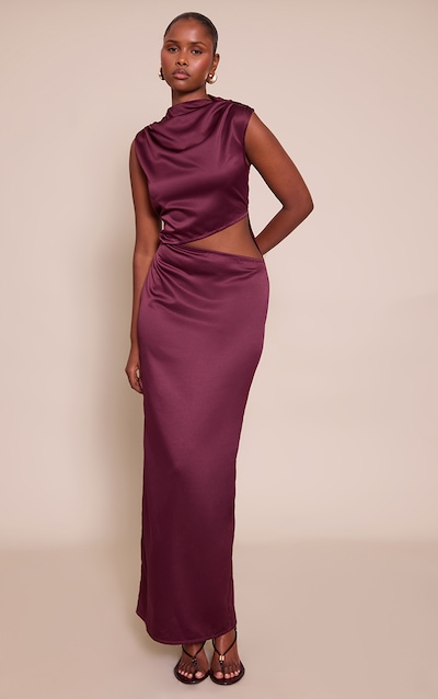 Plum Satin High Neck Cut Out Maxi Dress
