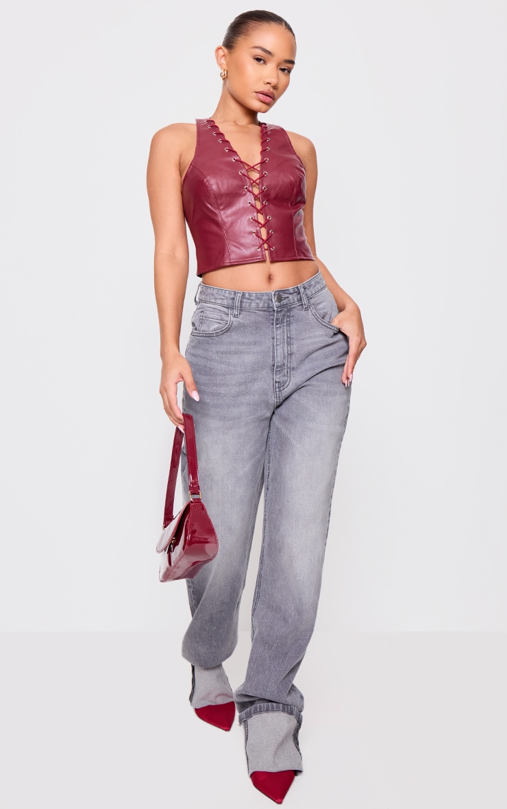 Petite Dark Red Faux Leather Lace Up Halterneck Top image 3