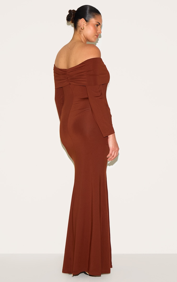 Plus Chocolate Bardot Long Sleeve Trim Drape Detail Maxi Dress image 2
