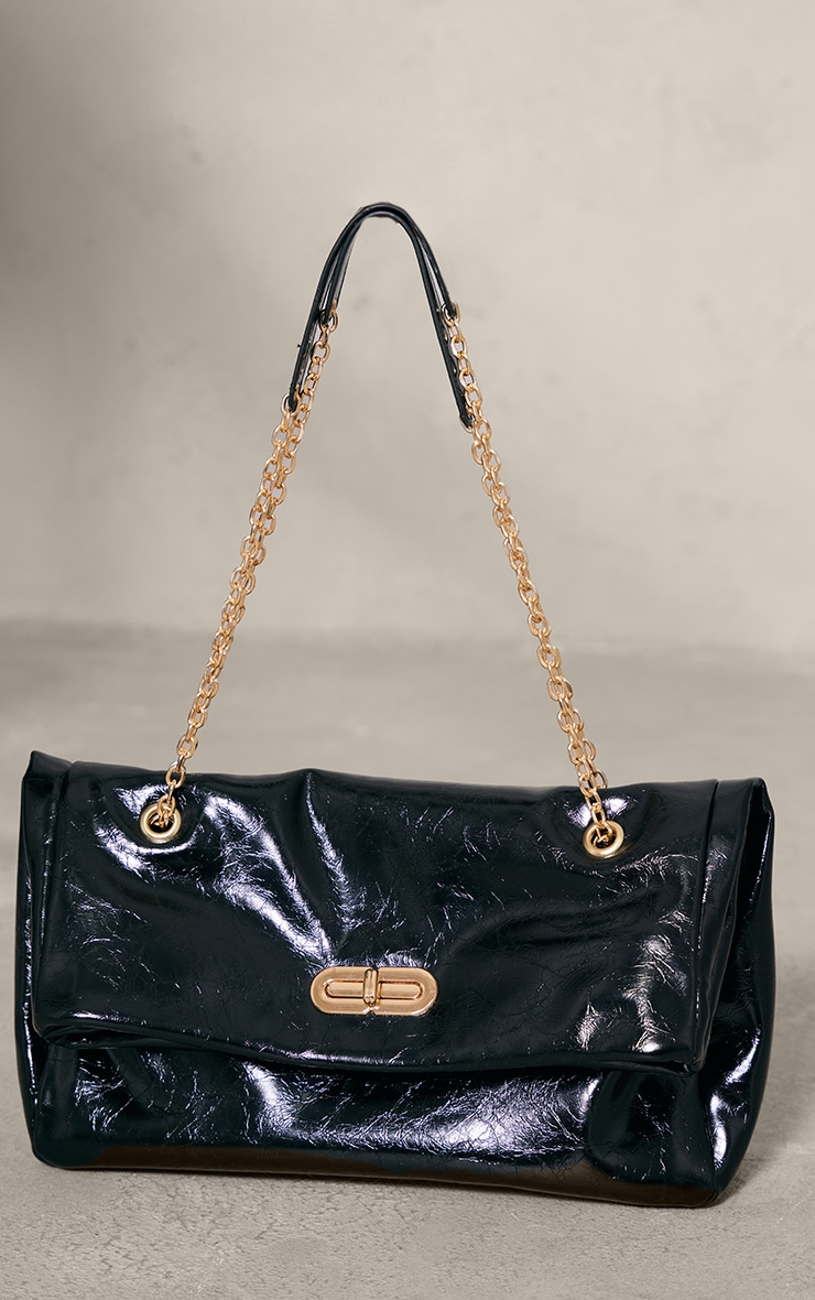 Black Fold Over Clasp PU Distressed Shoulder Bag image 2