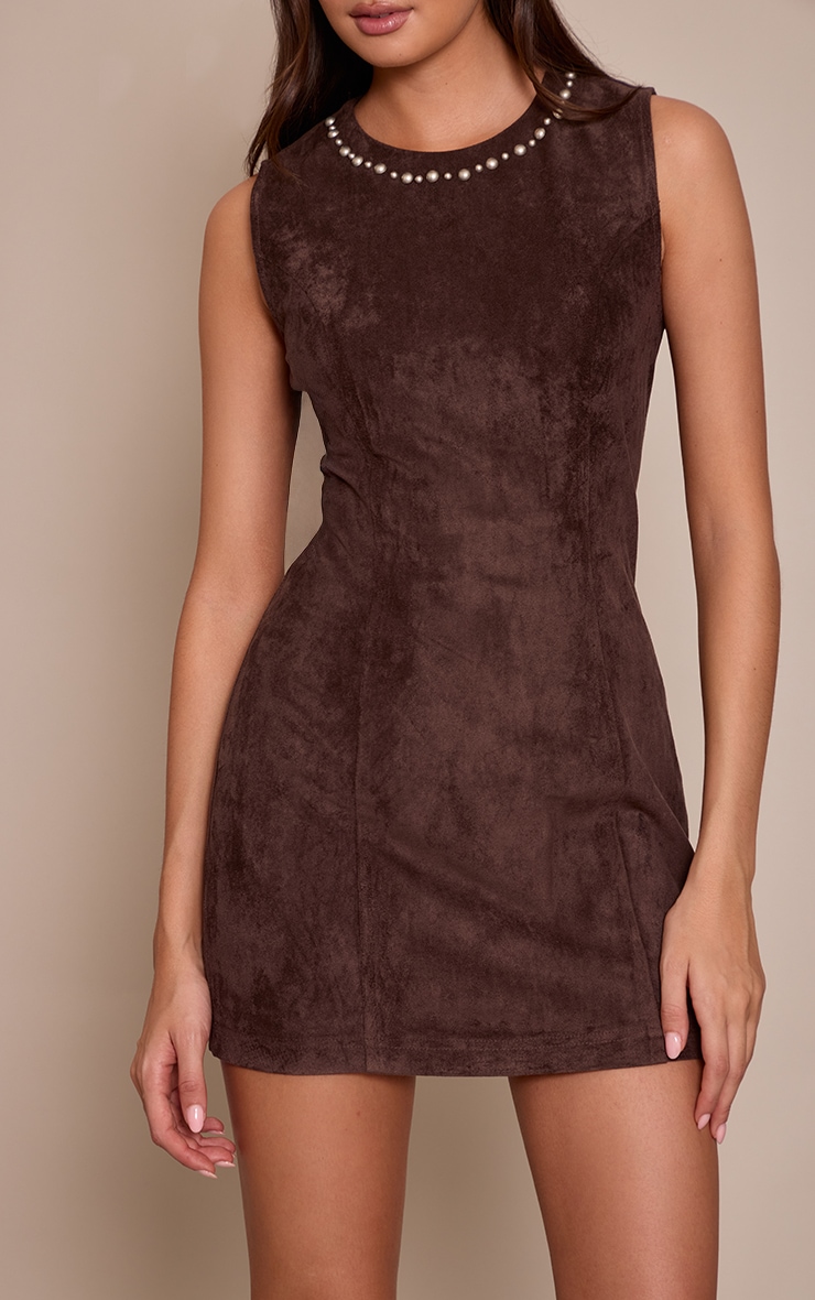 Chocolate Suede Stud Detail Bodycon Dress image 4