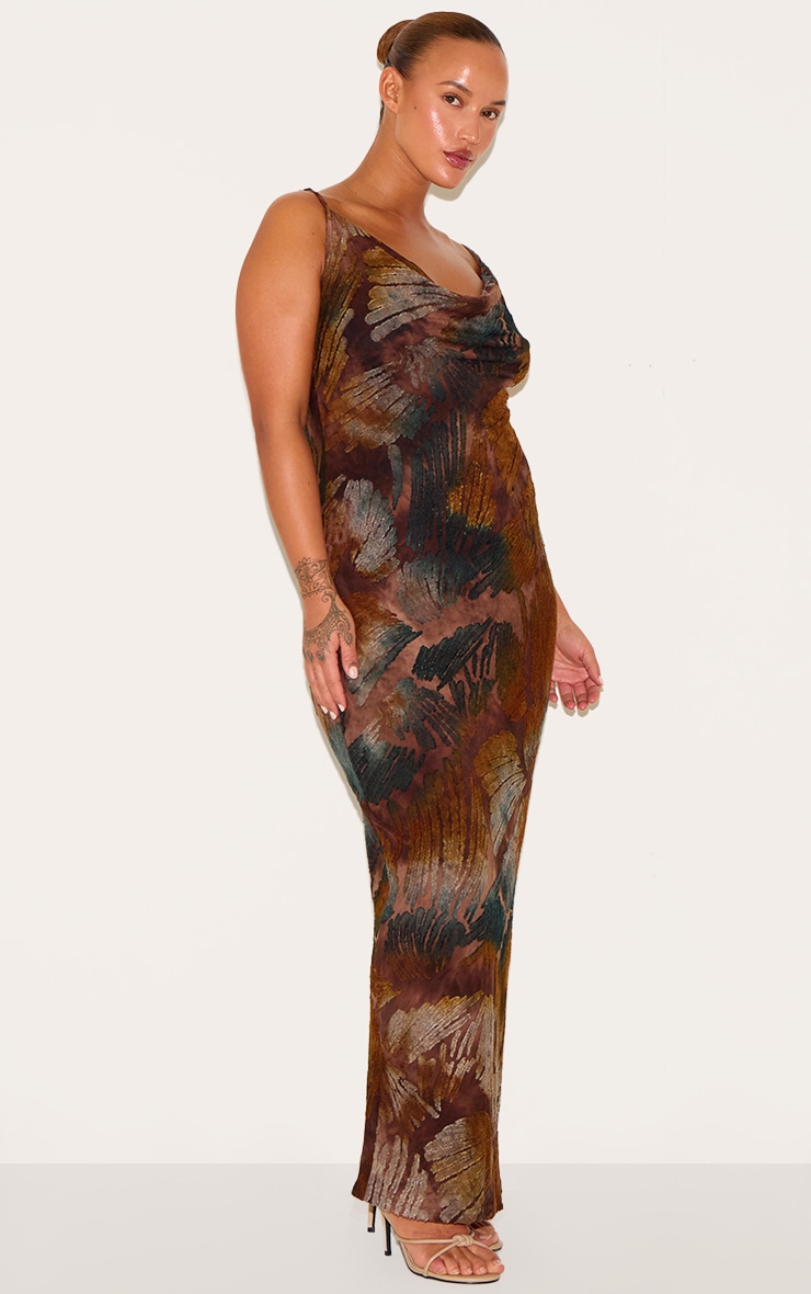 Plus Brown Cowl Neck Textured Maxi Dress image 3