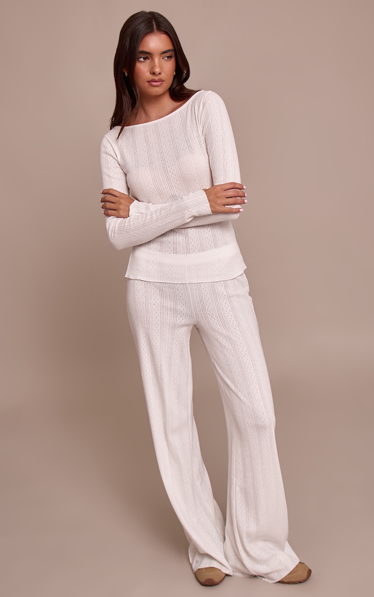 Cream Pointelle Boatneck Long Sleeve Top image 3