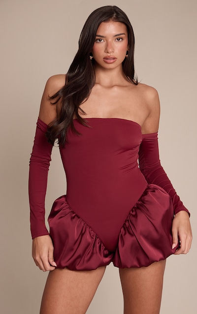 Wine Bandeau Long Sleeve Puff Ball Detail Playsuit