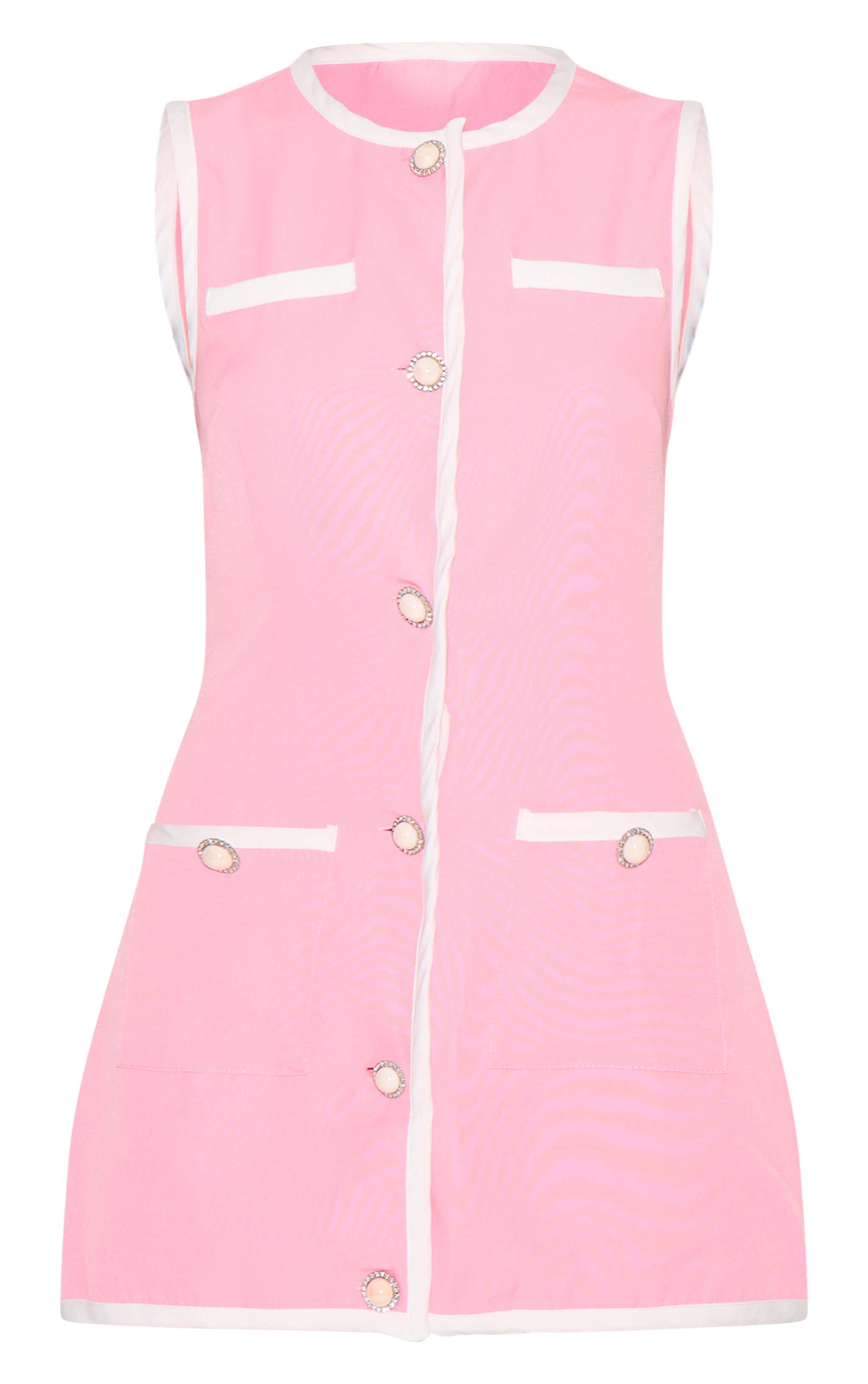 Pink Contrast Detailed Pearl Button Woven Romper image 5