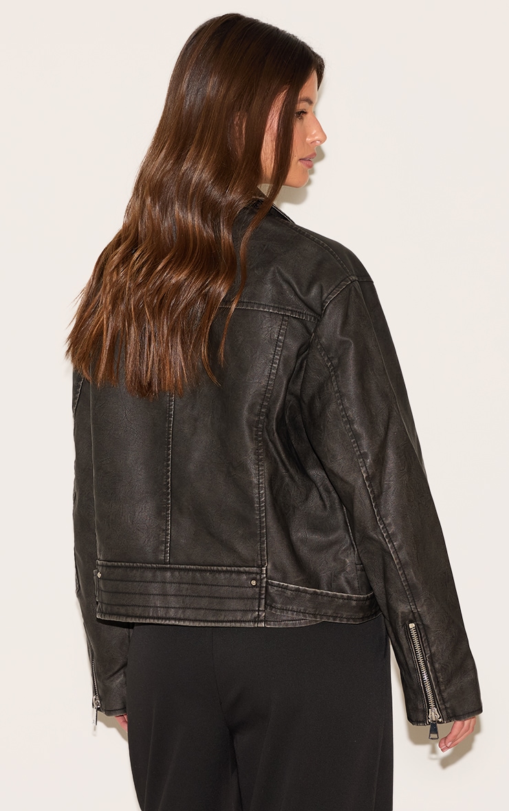 Black Vintage Faux Leather Oversized Zip Up Biker Jacket image 2