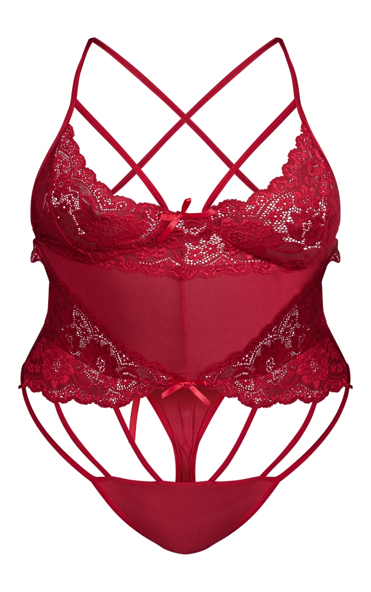 Plus Red Strapping Detail Lace Bodysuit image 5