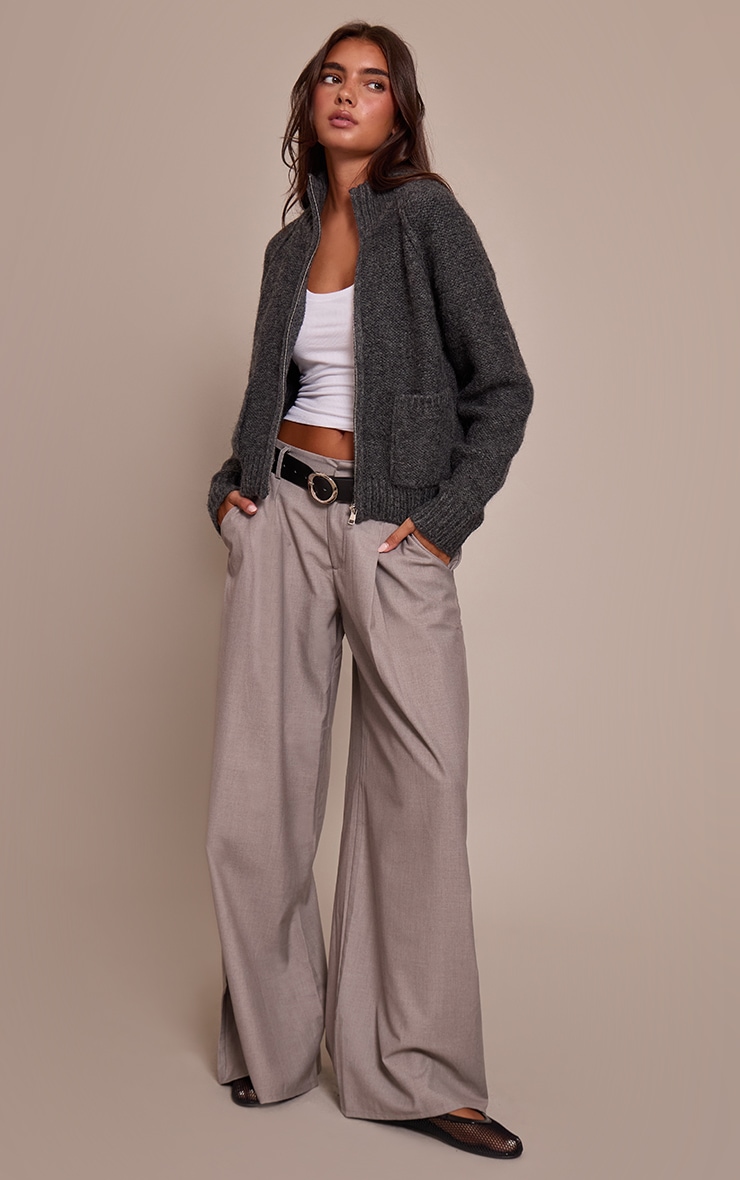 Dark Grey Zip Up Pocket Detail Knitted Cardigan image 3
