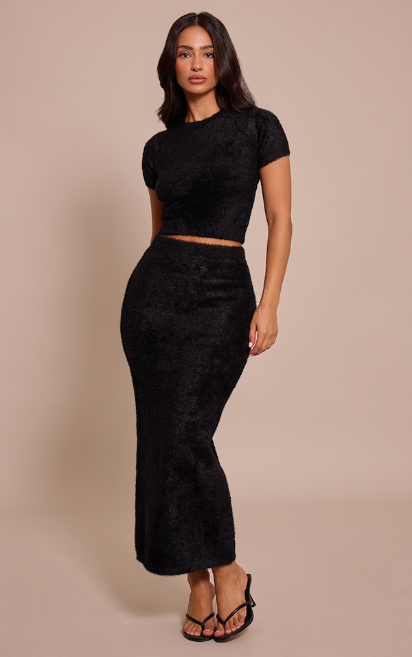 Petite Black Fluffy Knitted Maxi Skirt