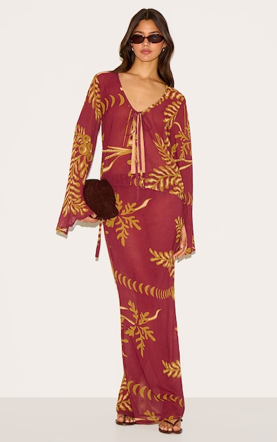 Brown Sheer Floral Tie Side Maxi Skirt