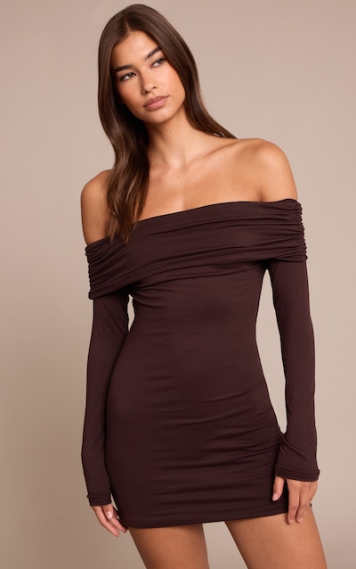 Chocolate Soft Touch Jersey Bardot Bodycon Dress