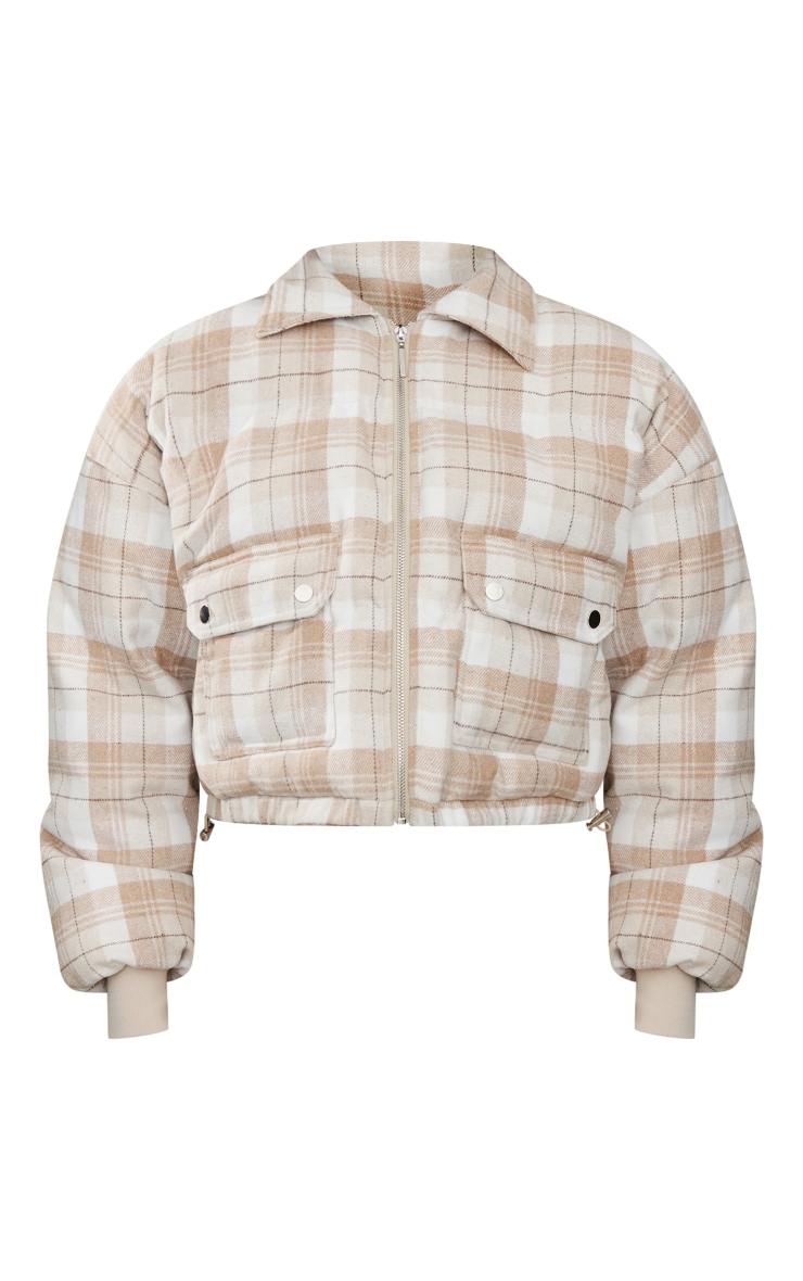 Beige Checked Wool Look Bomber Jacket image 5