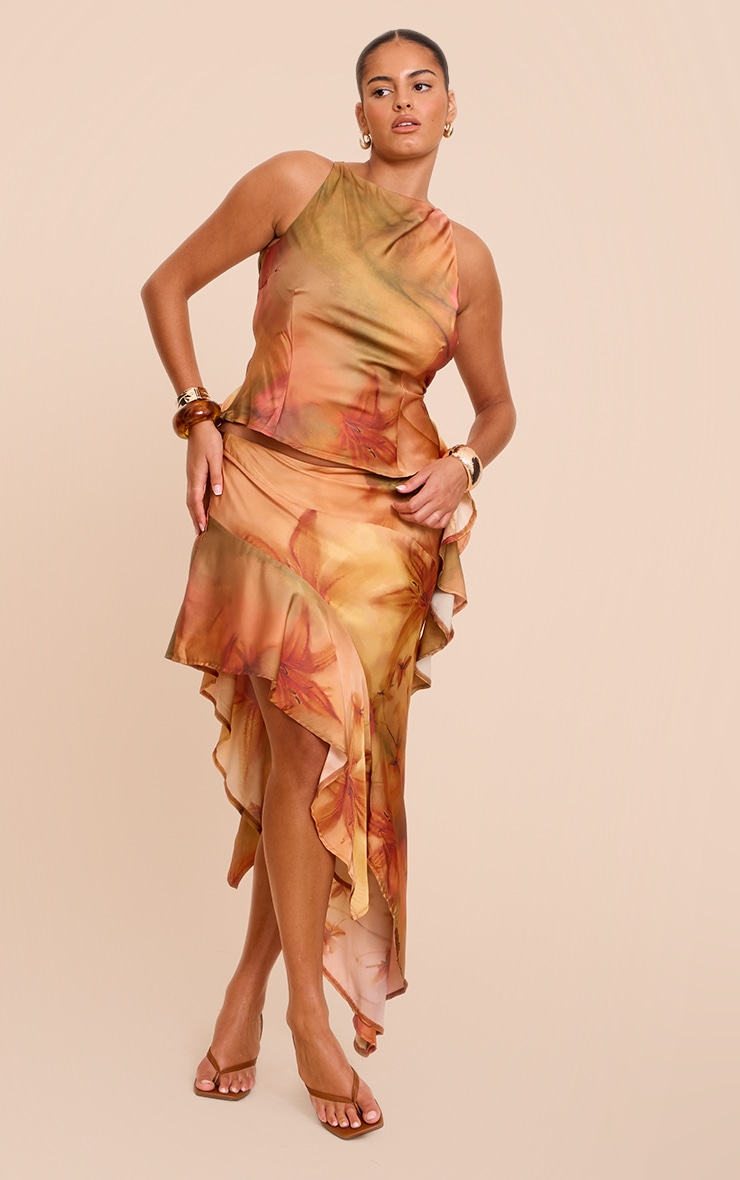 Plus Burnt Orange Printed Satin Cowl Back Asymmetric Ruffle Top image 3