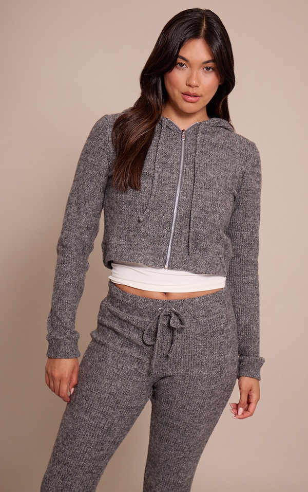 Top gauffré côtelé brossé gris anthracite à zip