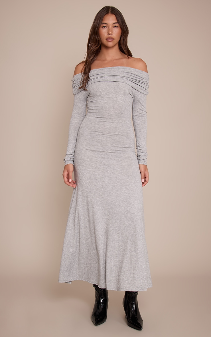 Grey Marl Jersey Fold Over Bardot Maxi Dress