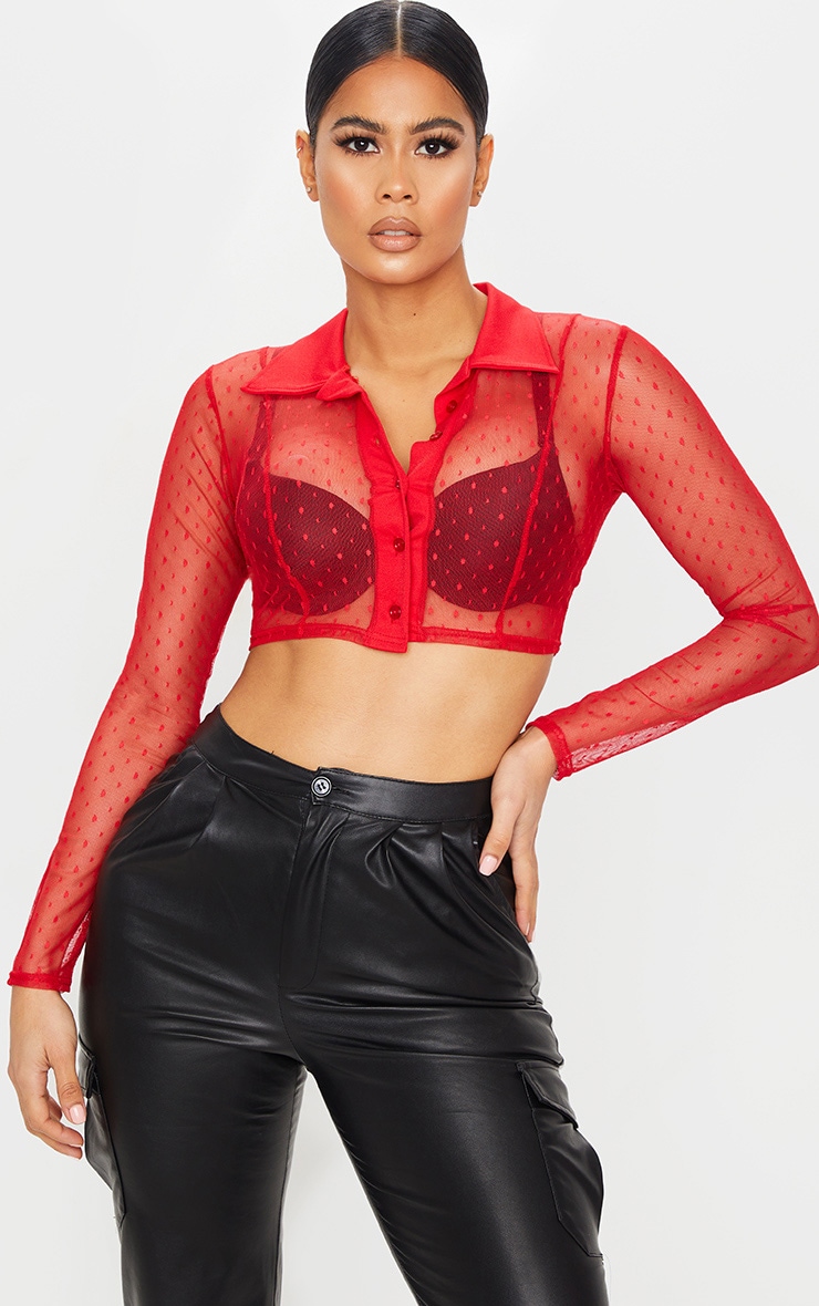Red Dobby Mesh Cropped Shirt
