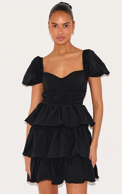 Black Crinkle Cup Detail Tiered Skirt Skater Dress