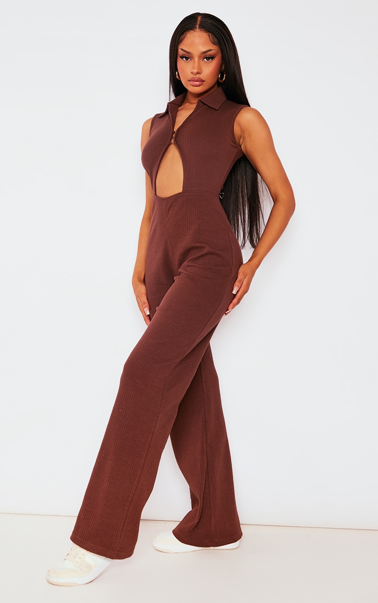 Chocolate Thick Rib Hook & Eye Collar Detail Jumpsuit image 3