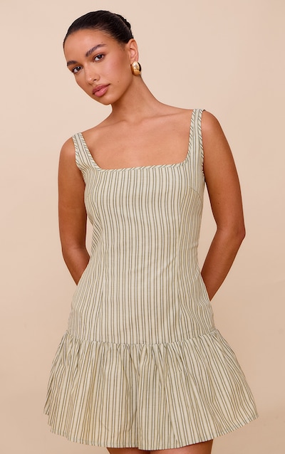 Sage Green Striped Sleeveless Straight Neck Shift Dress