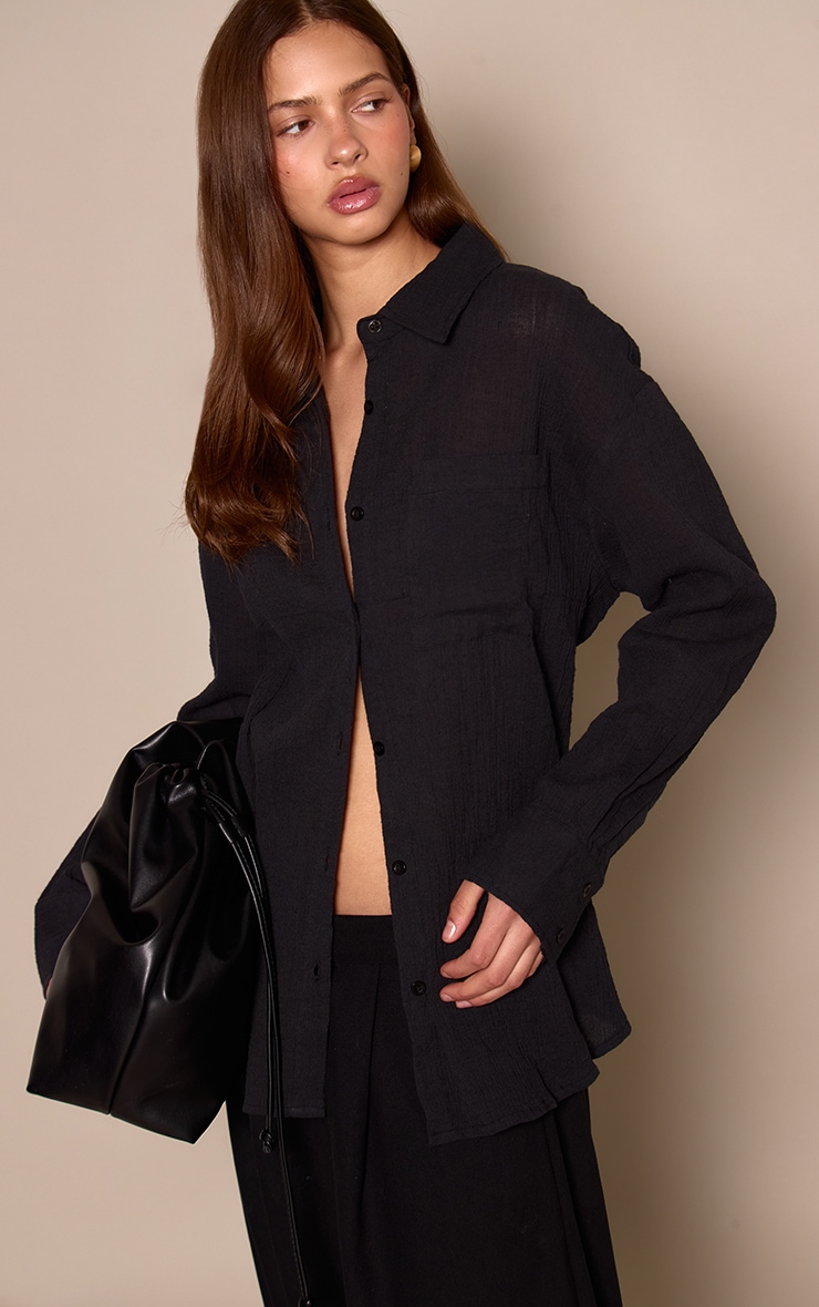 Black Textured Pocket Detail Oversized Shirt