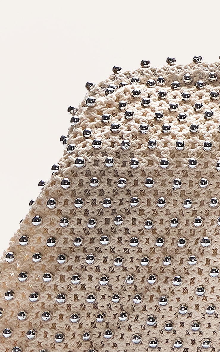 Cream Crochet Silver Studded Clutch Bag image 5