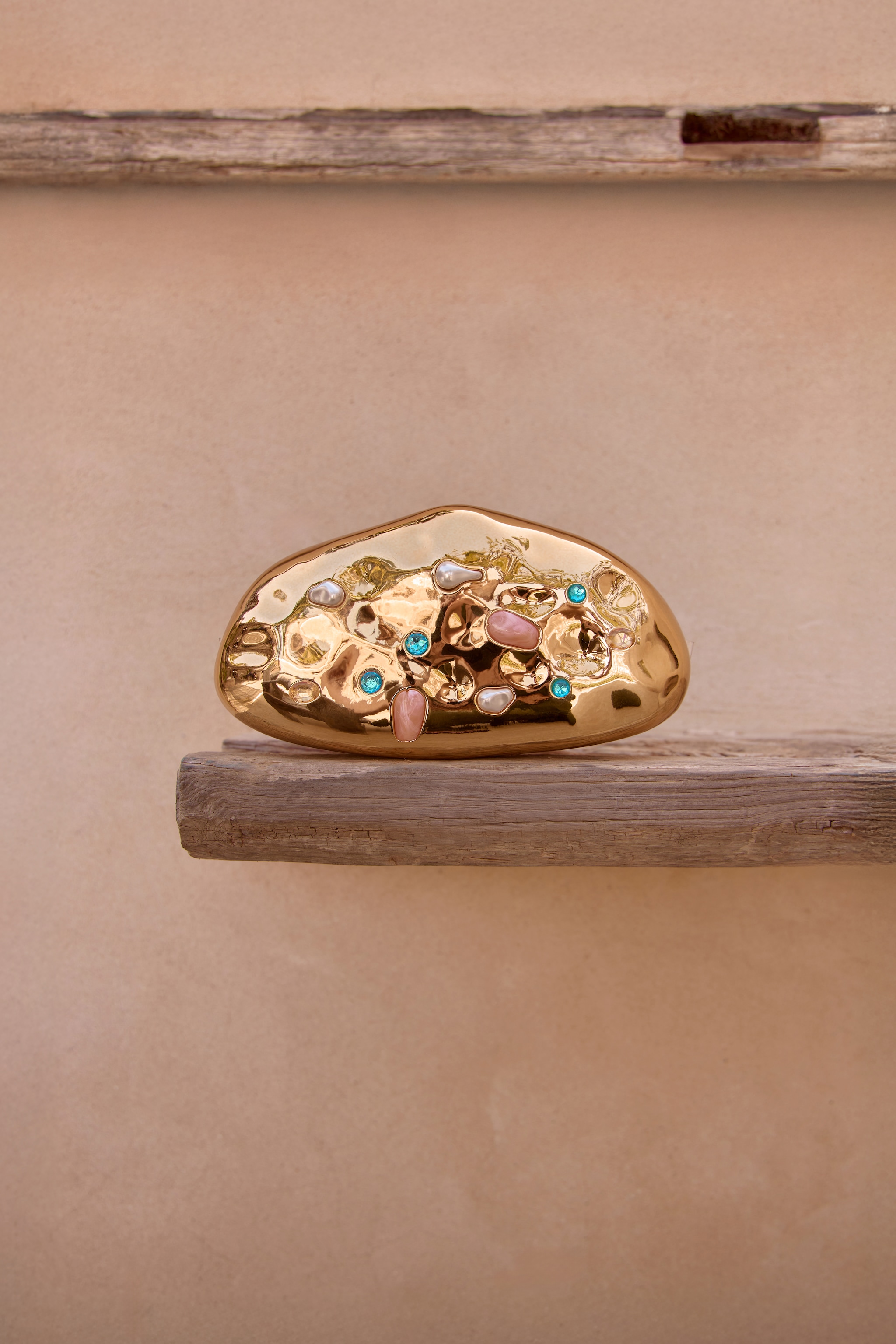 Gold Textured Embellished Hard Clutch