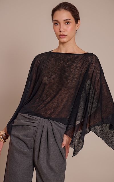 Top long style cape asymétrique en mesh dévoré côtelé chocolat
