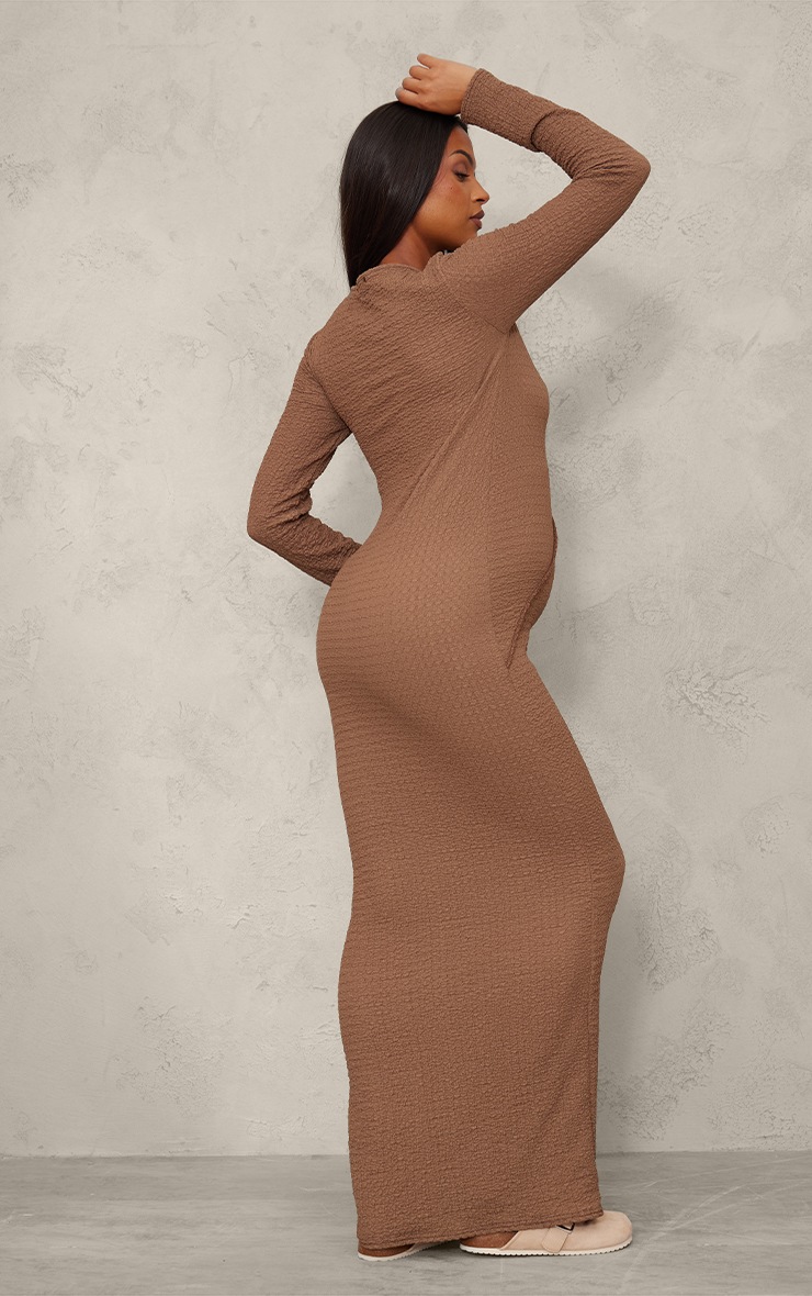 Maternity Taupe Textured Seam Detail Long Sleeve Maxi Dress image 2