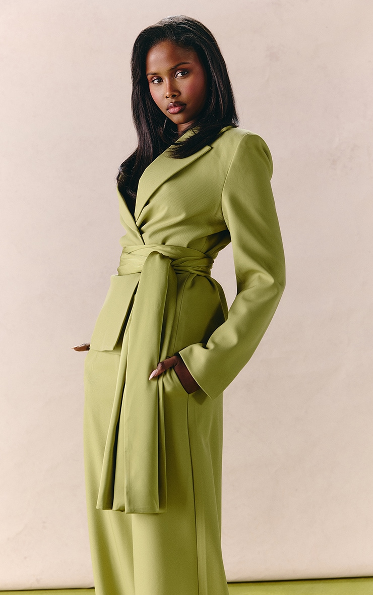 Apple Green Woven Oversized Satin Belted Blazer image 4