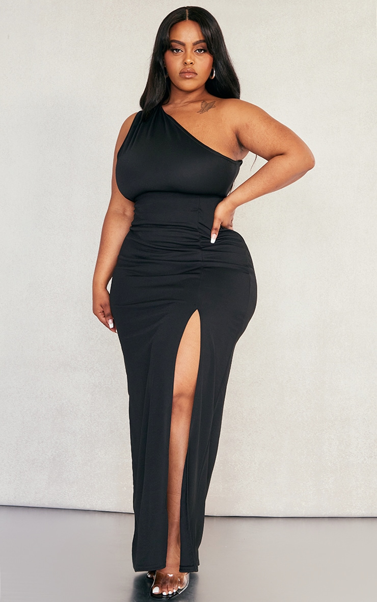 Plus Black One Shoulder Side Split Maxi Dress image 1