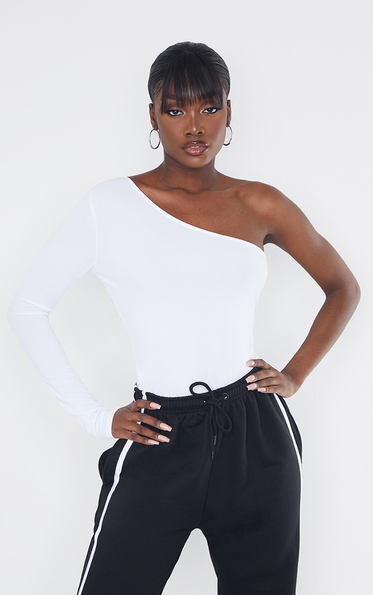 Tall White Stretch Crepe One Shoulder Thong Bodysuit