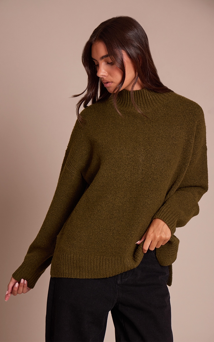 Khaki Oversized Polo Neck Knitted Sweater image 1