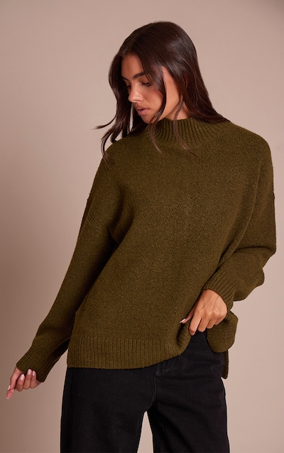 Khaki Oversized Polo Neck Knitted Jumper