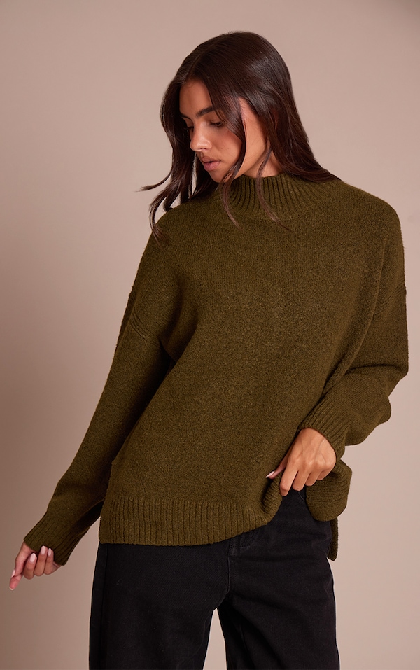 Khaki Oversized Polo Neck Knitted Jumper