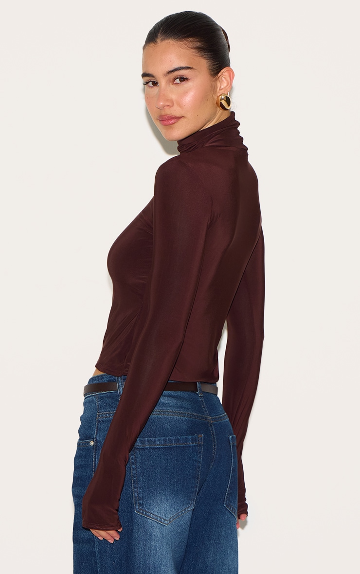 Chocolate Slinky High Neck Thumb Detail Long Sleeve Top image 2