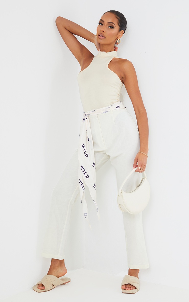 Cream Linen Straight Leg Trousers Trousers PrettyLittleThing IL