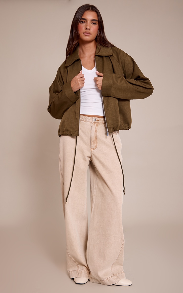 Khaki Utility Style Draw Cord Bomber Jacket image 3