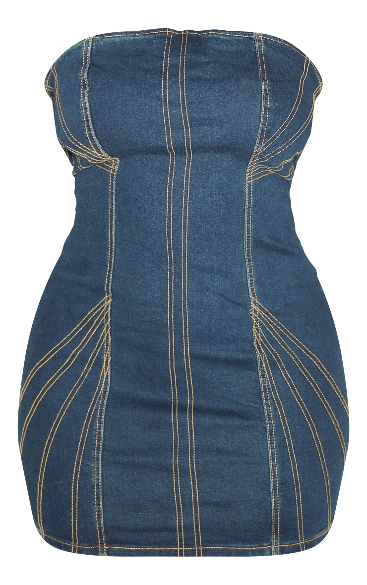 Shape Dark Blue Denim Seam Detail Bandeau Bodycon Dress image 5