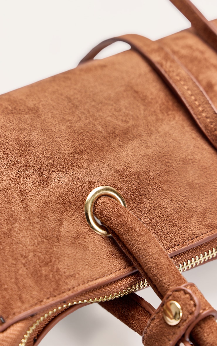 Tan Faux Suede Elongated Handle Shoulder Bag image 5