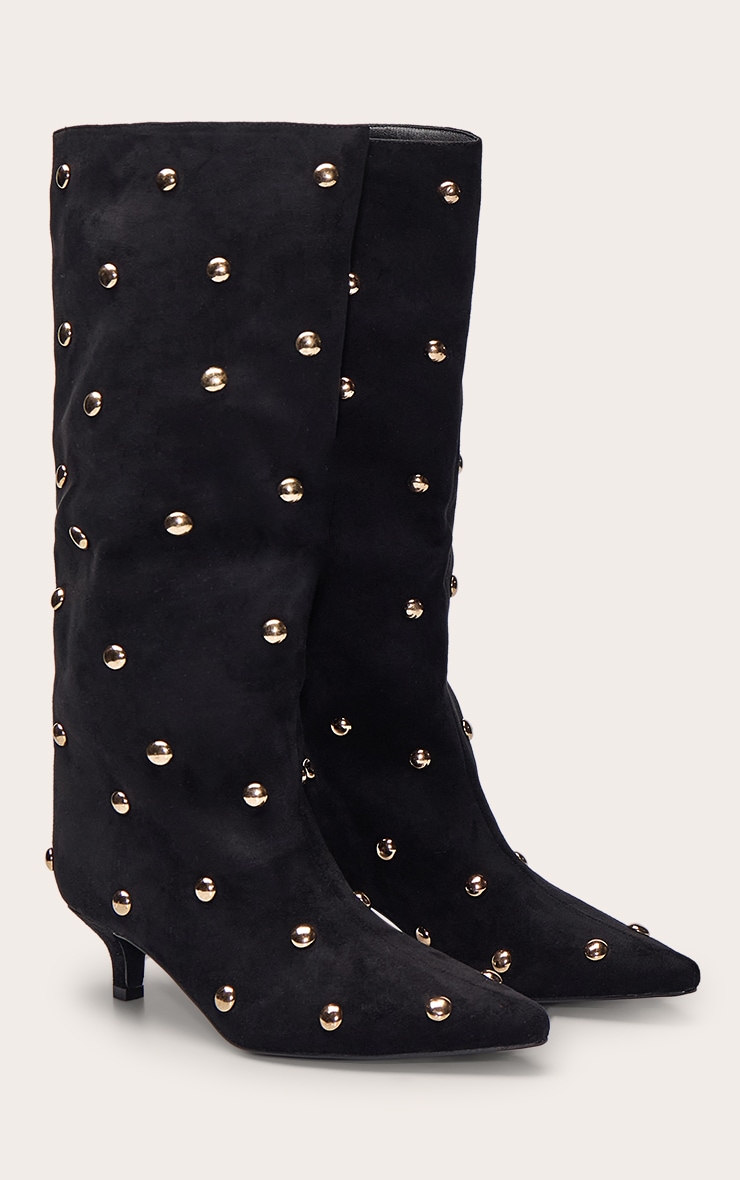 Black Suede Gold Bubble Stud Kitten Heeled Boots image 3