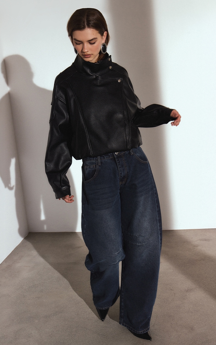 Black Funnel Neck Faux Leather Biker Jacket image 3