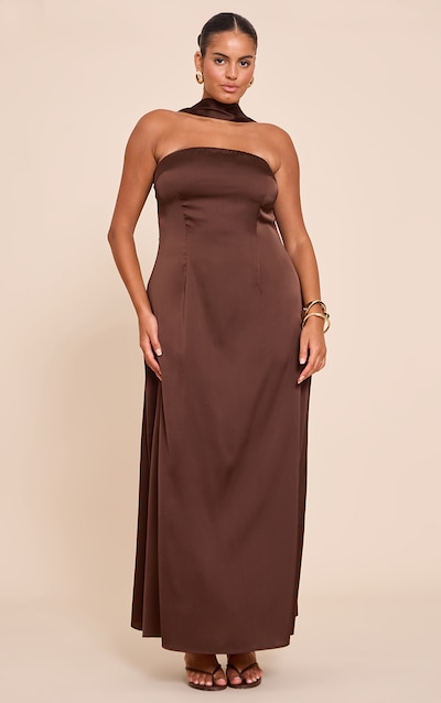 Plus Robe bustier longue satinée marron chocolat à détail foulard