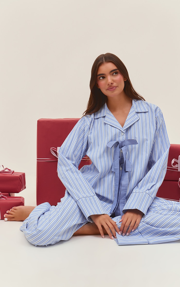 Blue Striped Bow Detail Long Pajama Set image 1