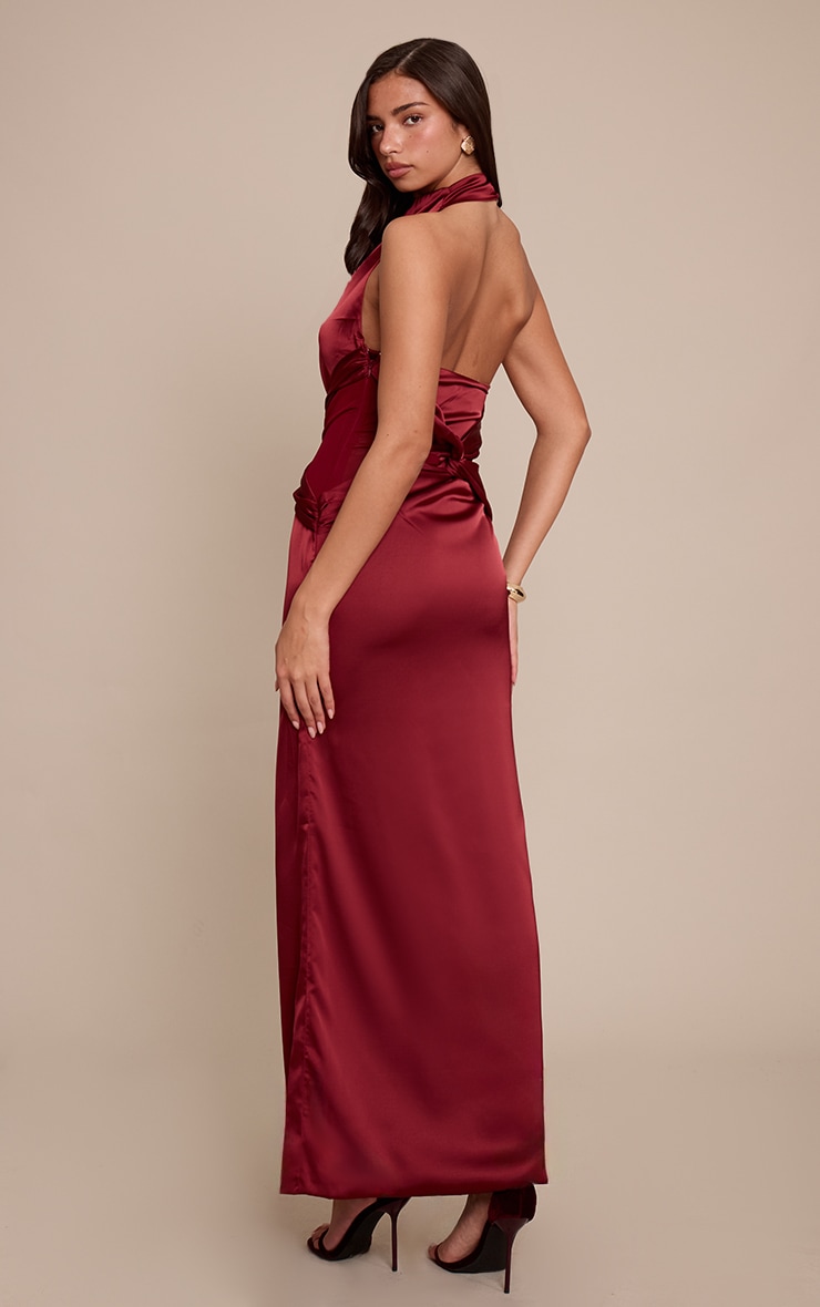 Wine Satin Mesh Detail Maxi Dress image 2