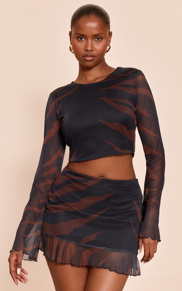 Black Zebra Print Mesh Long Sleeve Top